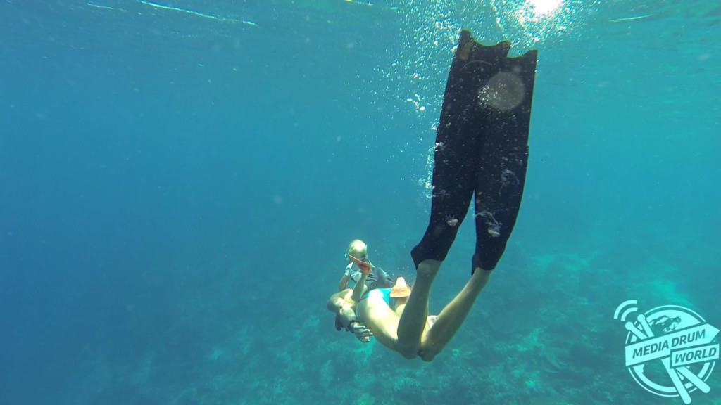 Fedor, aged two, freediving on his dad's back. 