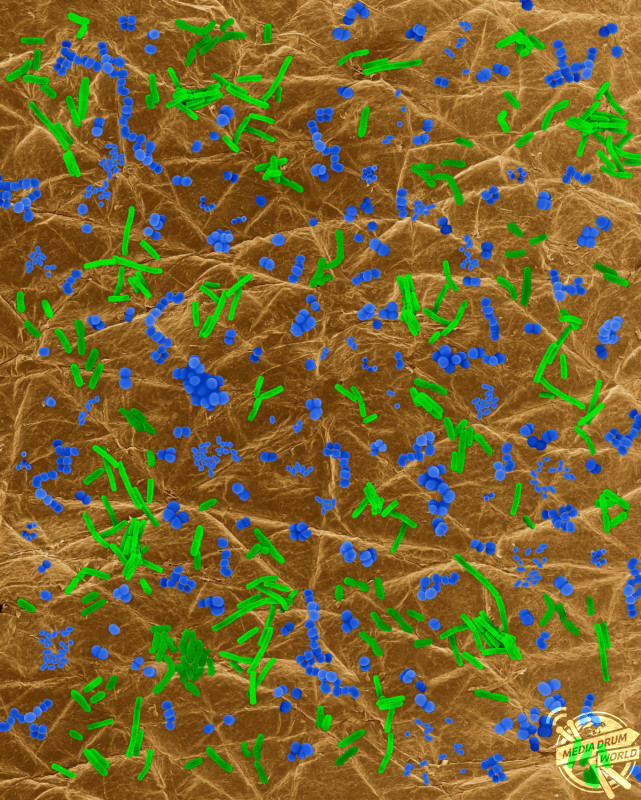 Coloured scanning electron micrograph (SEM) of Photocomposite of bacteria on human skin. Dennis Kunkel Microscopy/ SPL / mediadrumworld.com