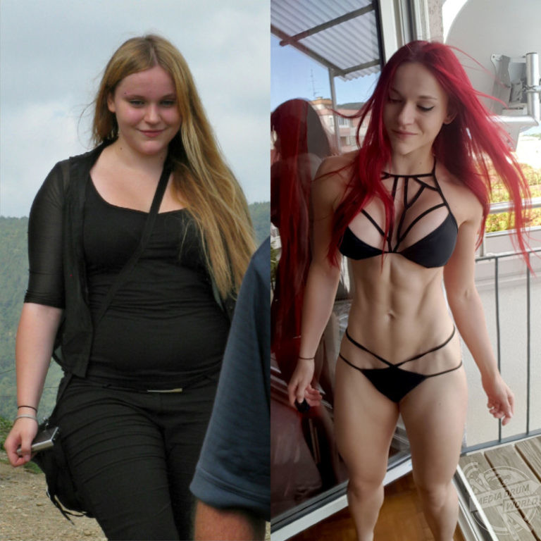 Stefanie is shown before her weight loss (on the left) and after her transf...